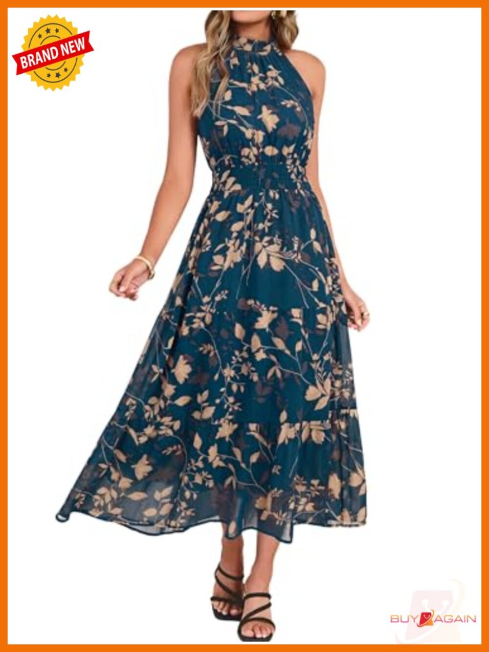 Halter Maxi Dress Floral Tiered Smocked 100% Polyester Vacation Boho
